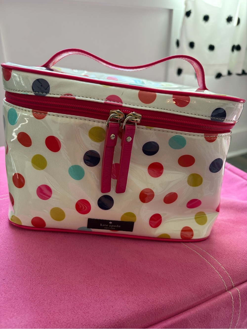 Kate Spade White Multicolor Polka Dot Cosmetic Train Case